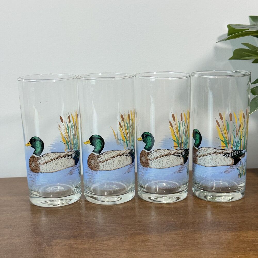 Vintage Cerve Mallard Duck & Cattail Highball Glasses Set of 4 Wildlife Tumblers